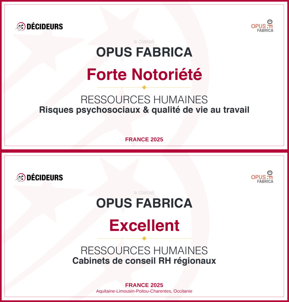 Macarons officiels Décideurs RH 2025 classant le cabinet de conseil Opus Fabrica "Forte Notoriété" en Prévention des Risques Psychosociaux (RPS) et "Excellent" en Conseil RH régional pour l'Occitanie et la Nouvelle-Aquitaine.