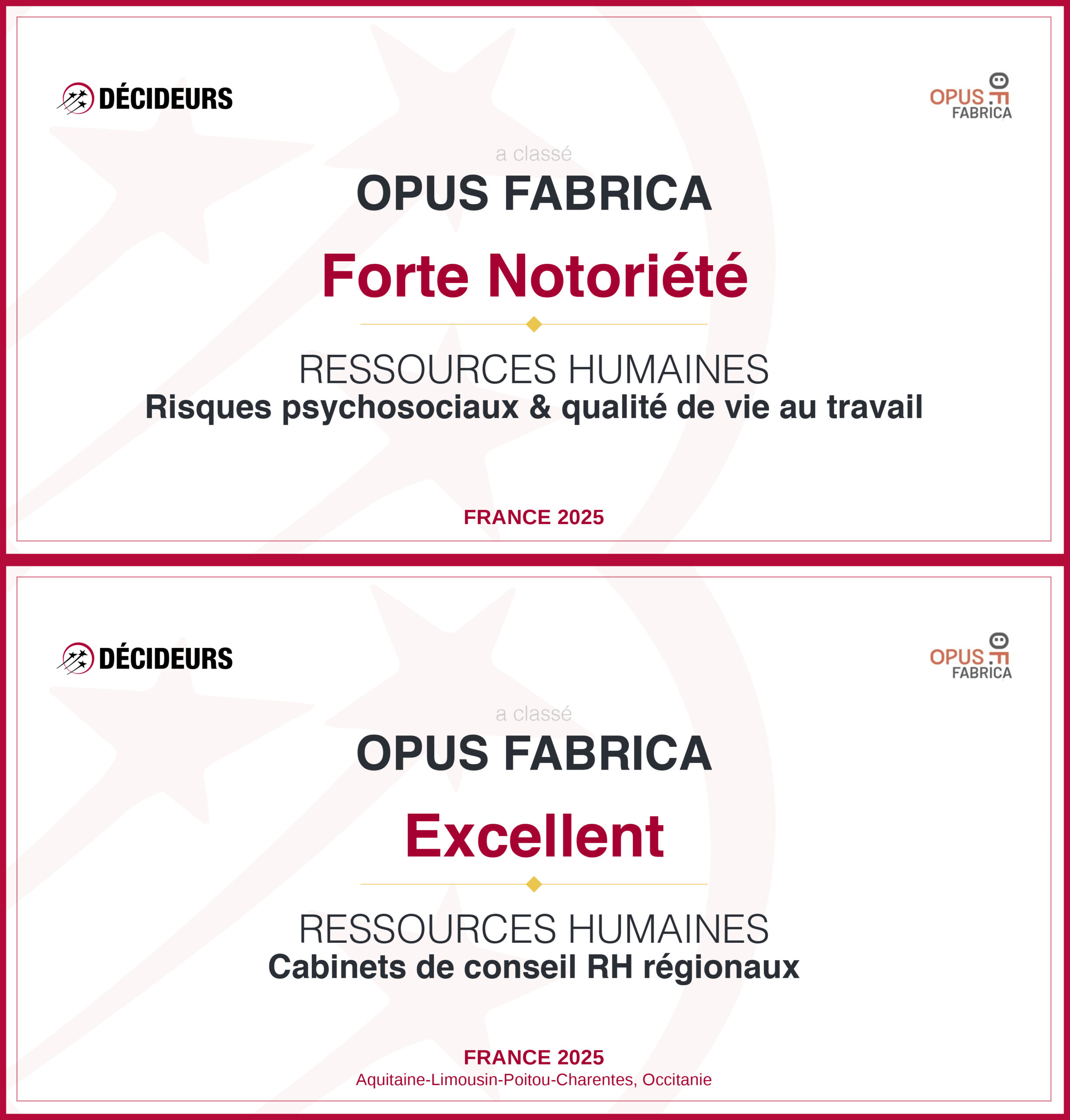 Lire la suite à propos de l’article Opus Fabrica parmi les meilleurs cabinets RH & RPS 2025