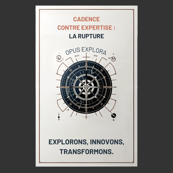 Visuel de couverture de l'article Opus Explora intitulé "Cadence contre expertise : la rupture", illustré par une boussole stylisée représentant l'exploration des organisations.