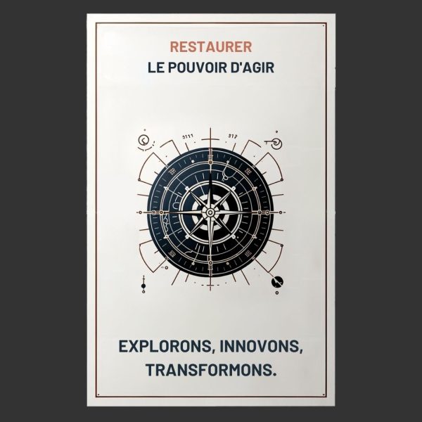 Illustration d'une boussole nautique stylisée avec le titre "Restaurer le pouvoir d'agir" et le slogan "Explorons, innovons, transformons" pour l'article Opus Explora sur la transformation organisationnelle